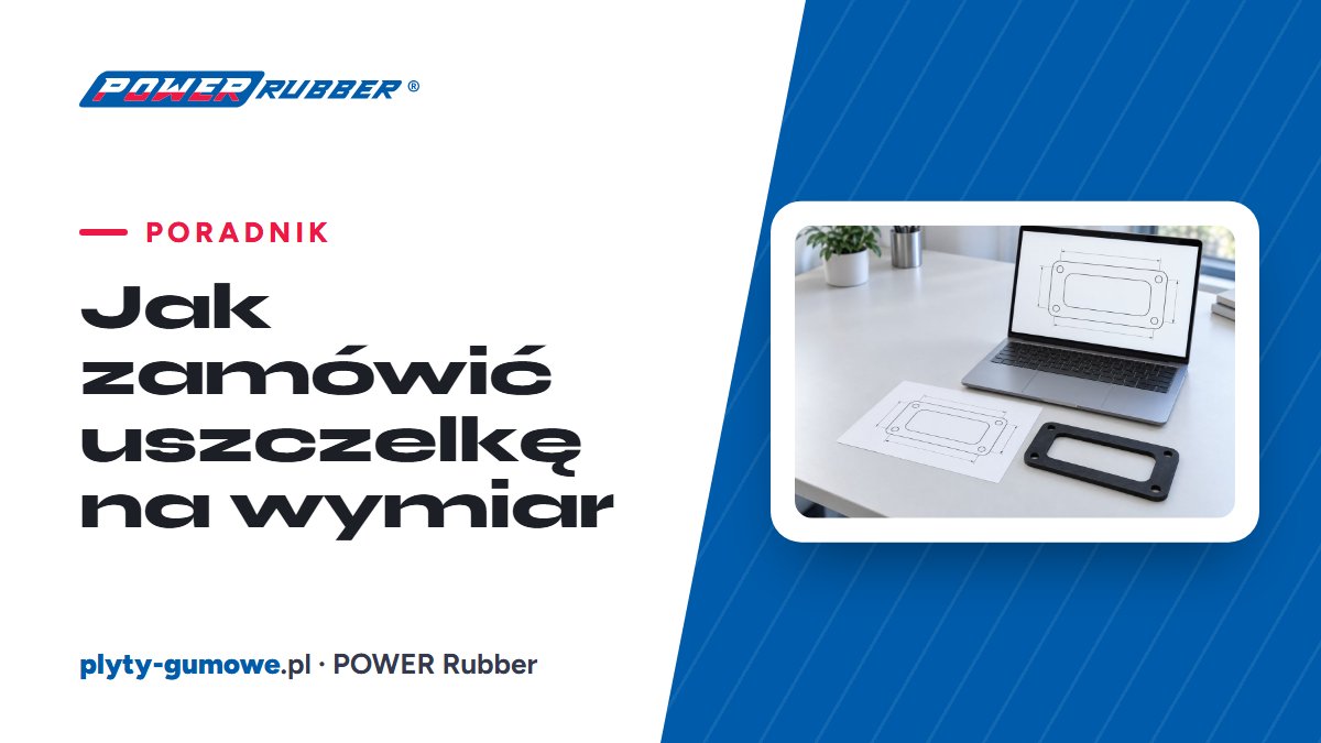Szkic uszczelki z wymiarami, suwmiarka i gotowa uszczelka wycięta z gumy — POWER Rubber